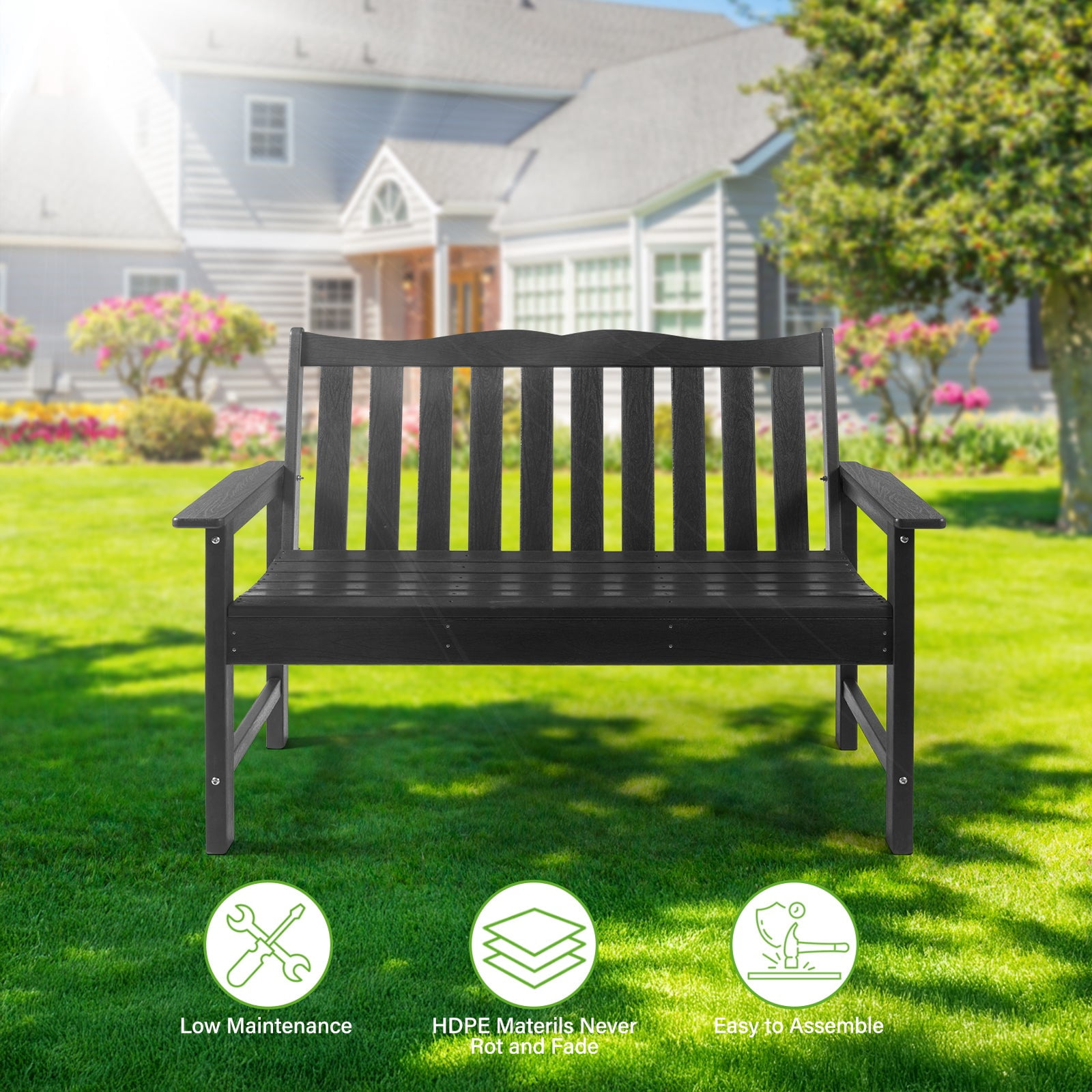 Backyard Expressions Poly Patio Bench (800 Lb Capacity) – Weatherproof Outdoor Bench, Low Maintenance, Heavy-Duty Recycled Material – Ideal for Porch, Patio & Park (Black Woodgrain Look)