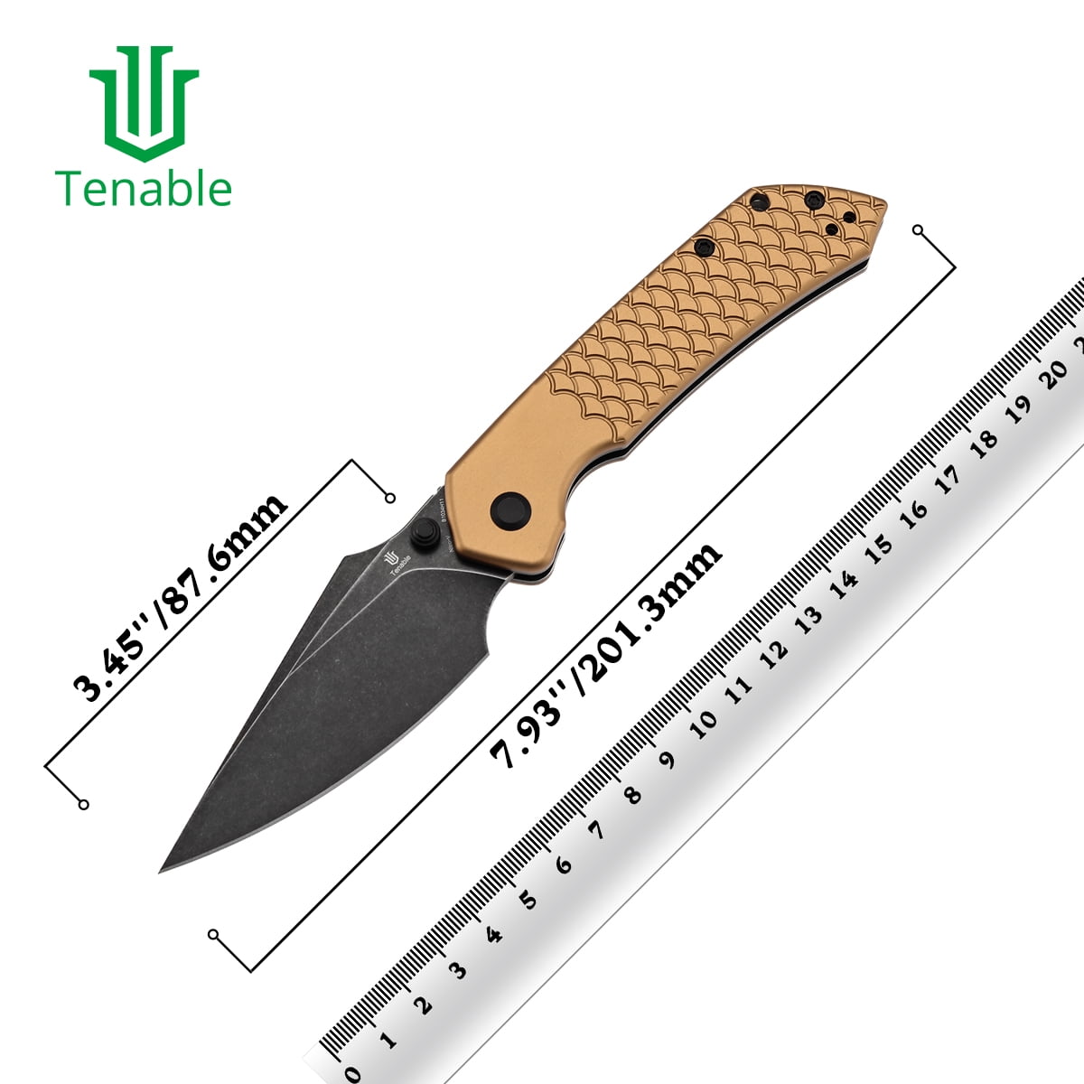 Tenable Fenrir Folding Pocket Knives 3.4“ Blackwashed Nitro-V Blade,Bronze Aluminum with Fishscale Texture Handle,B1034H11