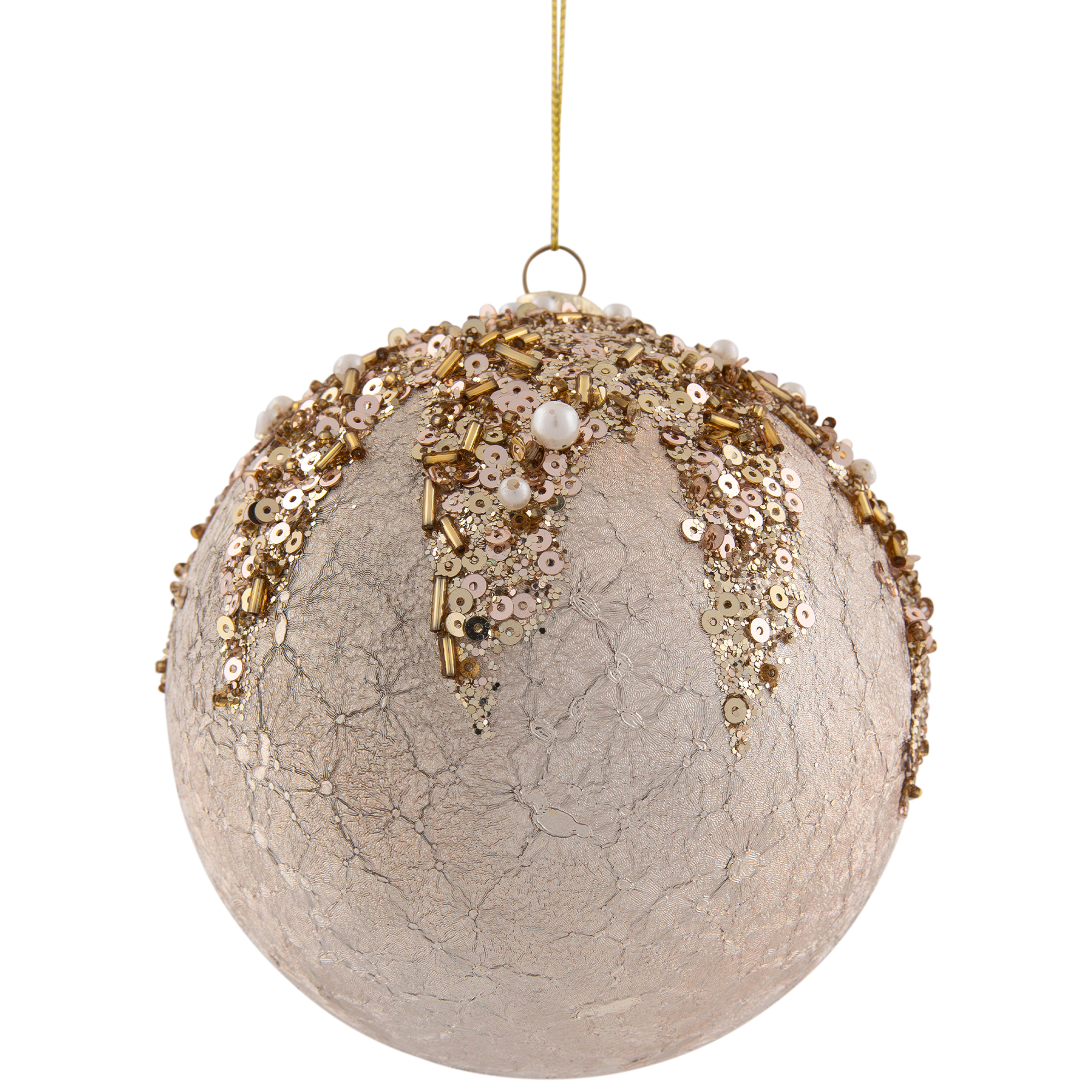 4" Gold Mercury Glass Style Shatterproof Christmas Ball Ornament with Beads