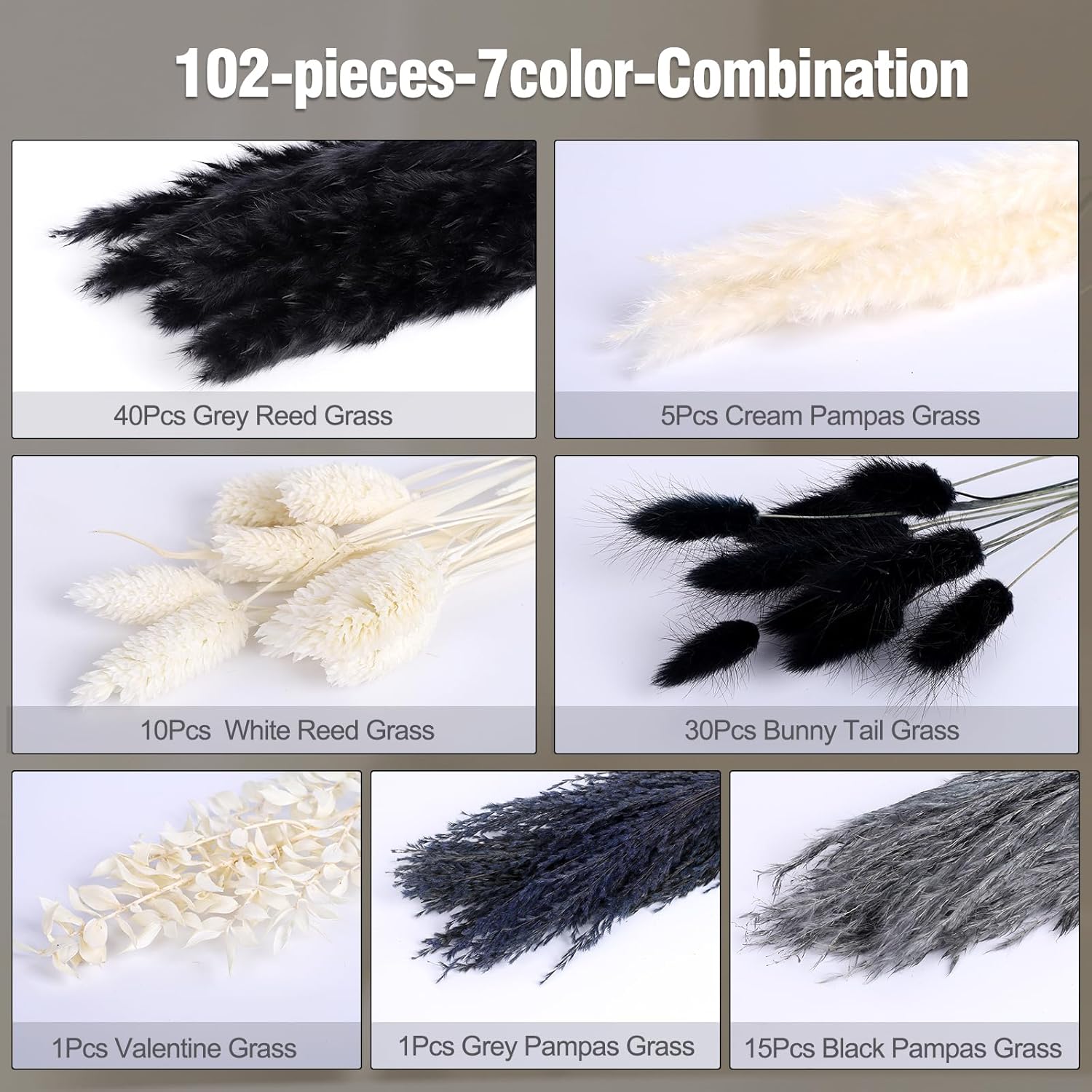 102PCS Black Pampas Grass Decor, Grey White Natural Dried Pampas Grass Bulk, Boho Home Decor Bouquet, Black and White Dried Flowers Decor, Halloween Wedding Floral Arrangements Vases Decorations