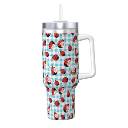 

Goofa Flowers and Lady Bugs Print 40oz Ice Bully With Handle And Straw Stainless Steel Vacuum Insulated Cup And 2 In 1 Straw Lid