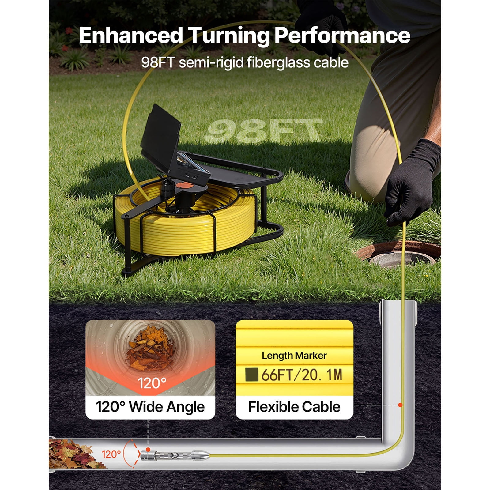 KFFKFF Sewer Inspection Camera, 98 ft/30m, 4.3" Display Drain Camera, IP68 Waterproof Plumbing Tool with 6 Adjustable LEDs, 4500mAh Battery & 16GB Storage for Pipe and Duct Inspections
