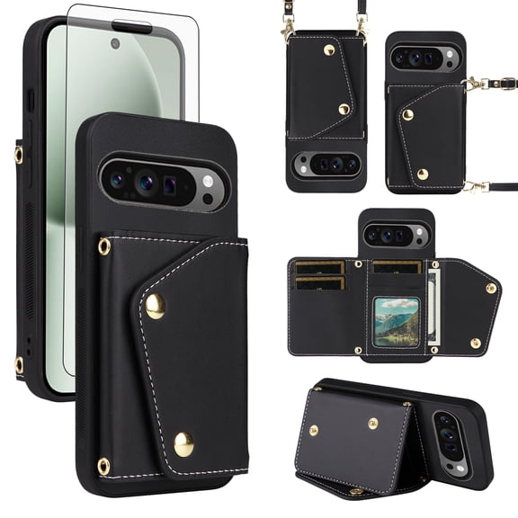 Furiet Wallet Case for Google Pixel 10 Pro XL with Tempered Glass Screen Protector Slim Flip Purse Shoulder Strap, Card Holder Stand Phone Cover for Pixel10 10Pro 10ProXL Nine Women Men Black