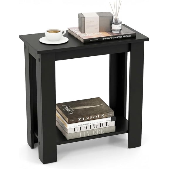 Chenshuoo Narrow End Table, 2-Tier Side Table with Open Storage Shelf, Retro Wood Sofa Table Bedside Tables for Small Spaces, Slim Nightstand for Living Room, Bedroom, Easy Assembly, Black