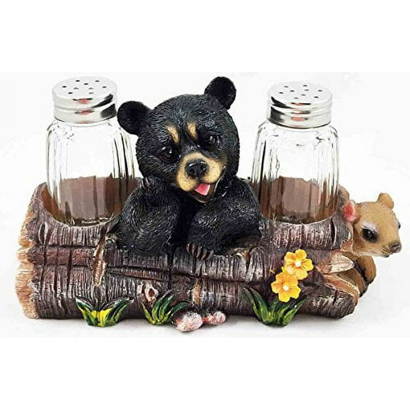 Black Baby Bear Playing With Log Figurine Salt Pepper Shakers Holder Stand Dining Table Centerpiece