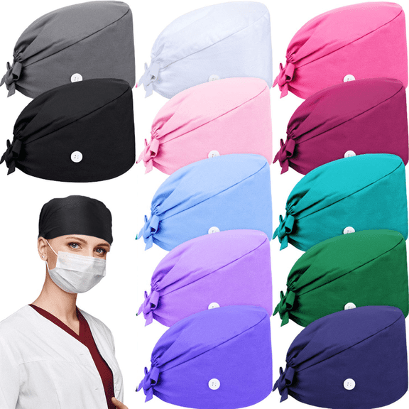 12 Pieces Working Cap Scrub Caps with Button and Sweatband, Gourd-Shaped Bouffant Hats Adjustable Tie Back Surgical Cap for Women Men