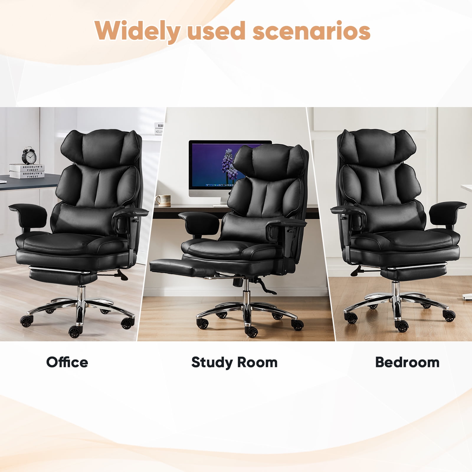 GIANNA Executive Home Office Desk Chair with Swivel Wheels, Footrest & Lumbar Support, Reclining Height Adjustable, Black
