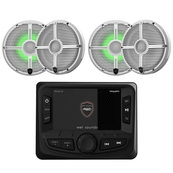 Wet Sounds WS-MC-20 Marine Radio with 2 Pairs Wet Sounds RECON 6 XW-W RGB LED Recon Series 6.5" 60-Watt RMS Coaxial Speakers With White XW Grilles (Pair)