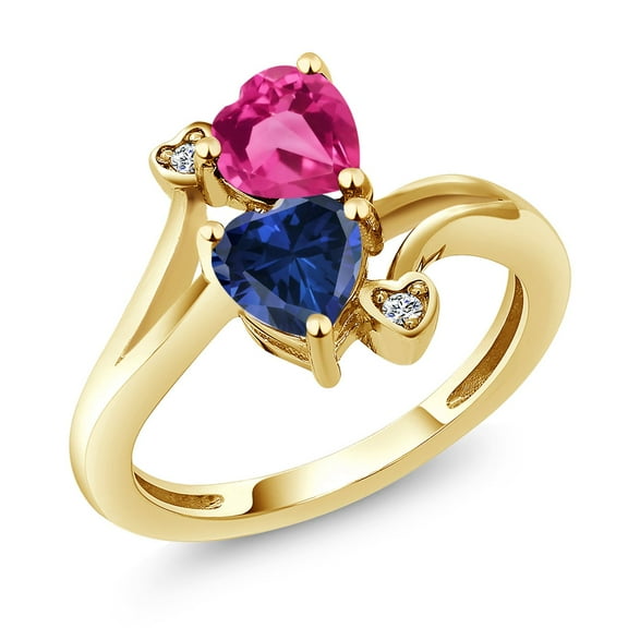 Gem Stone King 18K Yellow Gold Plated Silver Pink Created Sapphire Blue Created Sapphire and White Lab Grown Diamond Ring for Women | 1.63 Cttw | Heart Shape 6MM | Size 5, 6, 7, 8, 9 | Size 7