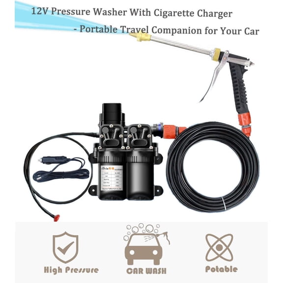 12V Pressure Washer, 130 PSI Portable Pressure Washer with 20Ft Hose, Portable Power Washer for Cars, Home, Garden, Vehicles (Double Pump)
