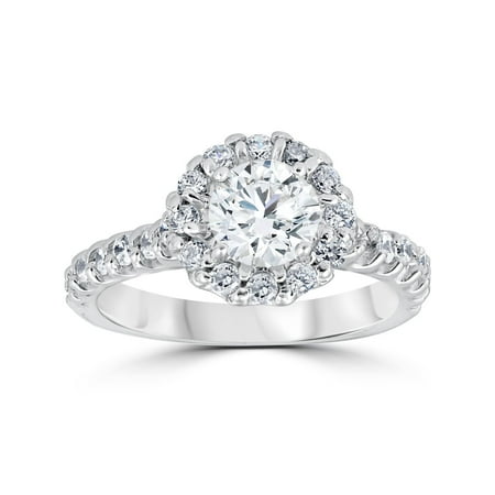 - 1 3/8 cttw Diamond Halo Round Solitaire Cut Engagement Ring 14K White Gold