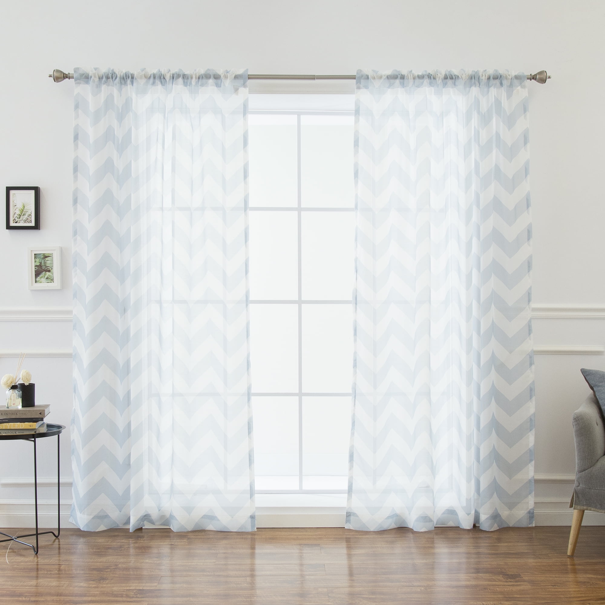 Quality Home Sheer Chevron Print Rod Pocket Curtains 52" x 84" Sky.Blue (Set of 2 Panels