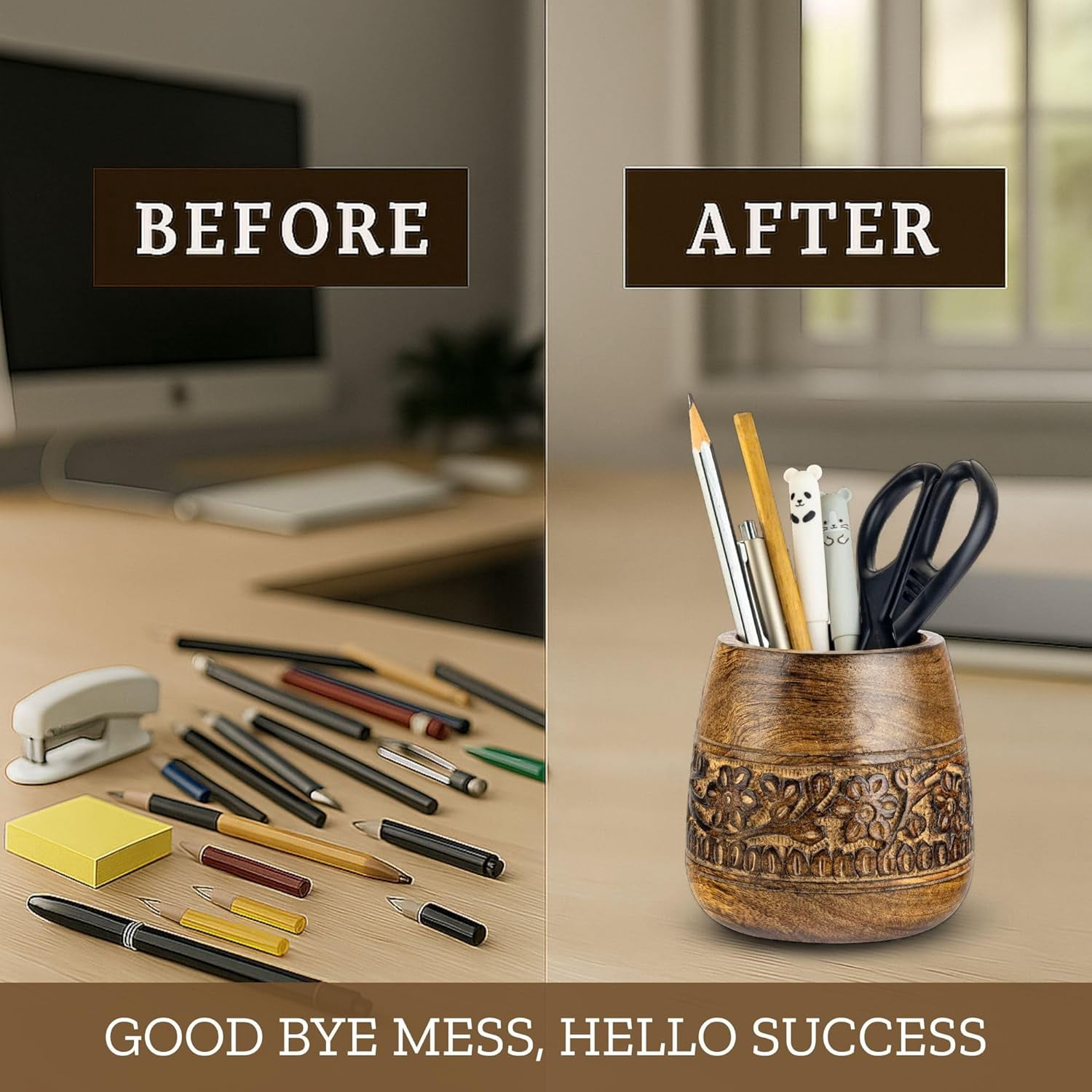 Designer Pencil Holder for Desk Wood | Wooden Pen Stand, Paintbrush Cup, Accessories, Cute Make Up Brush Organizers Office Desktop Stationery, Christmas Holidays Gift- 4'' Brown
