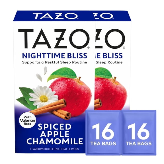 TAZO Nighttime Bliss Herbal Tea Bags, Spiced Apple Chamomile, Caffeine-Free, 16 Count (Pack of 2), 32 Total Tea Bags