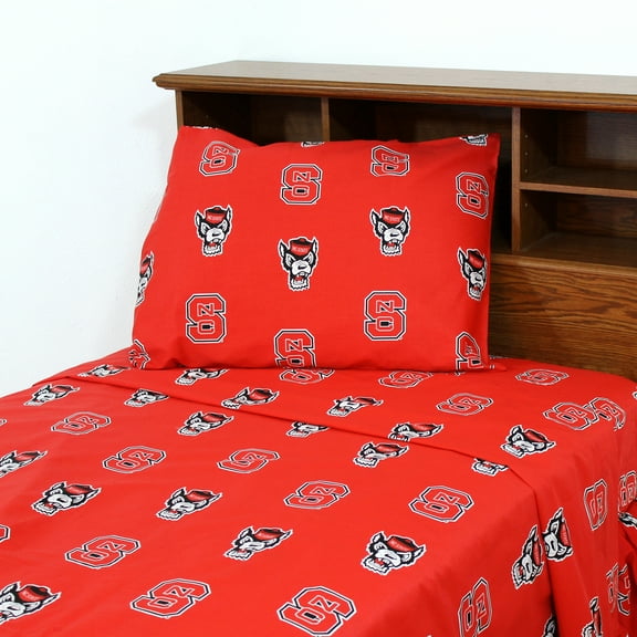 North Carolina State Wolfpack 100% cotton, 3 piece sheet set - flat sheet, fitted sheet, 1 pillow case, Twin, Team Colors
