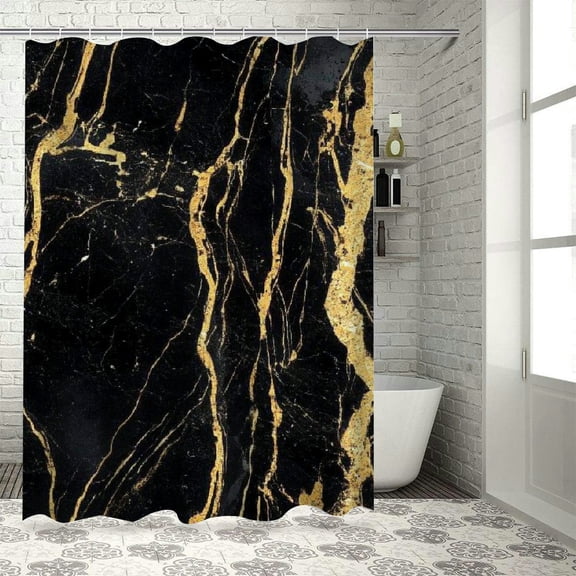 Patifu Black Marble Gold Streaks Home Bathtubs Bathroom Curtain Decoration 100% Polyester Washable Shower Curtain with Hooks 36"x72