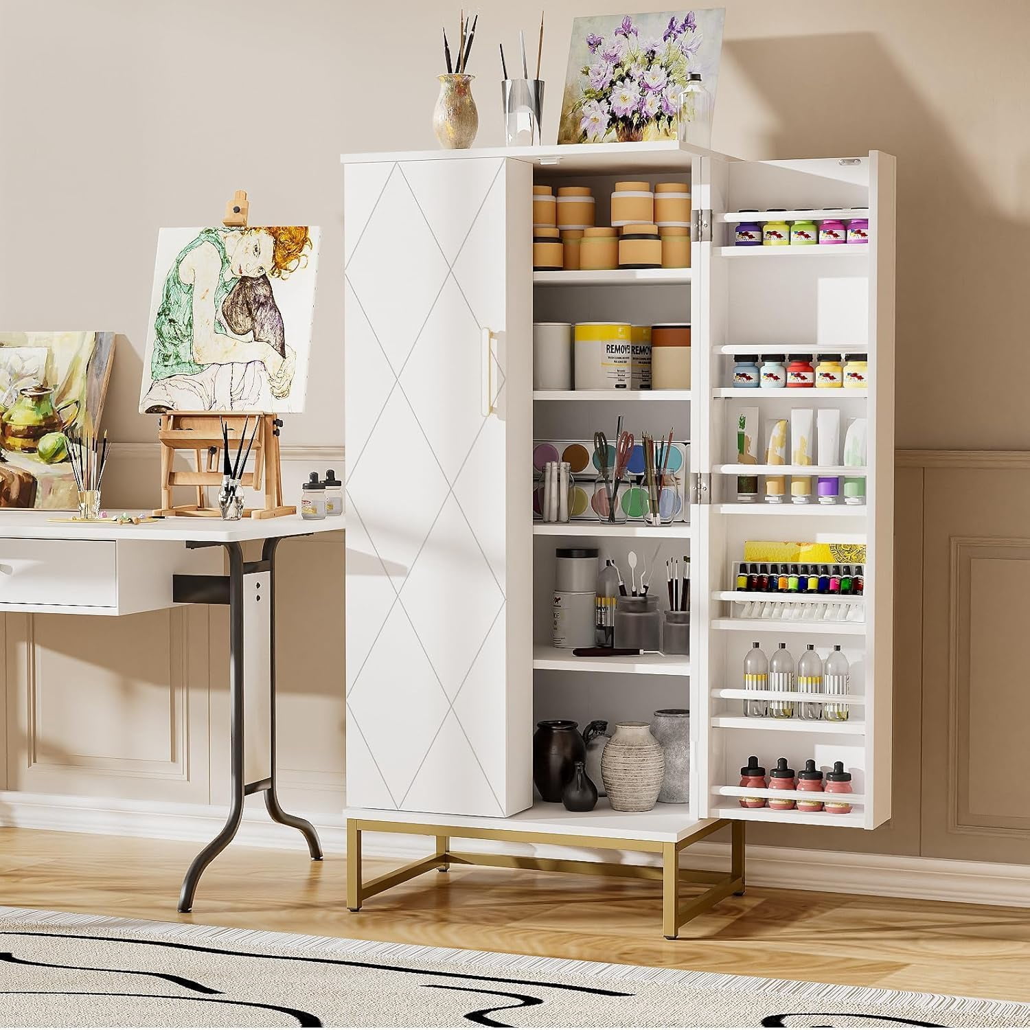 ModFurne Pantry Cabinet, 51.18” Tall Kitchen Storage Cabinet with Adjustable Shelves and Gold Metal Base – Ideal for Kitchen, Living Room & More