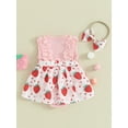 thumbnail image 4 of Suealasg Newborn Baby Girl Outfits Sleeveless Strawberry Print Bow Romper Dress with Headband Set 2Pcs Infant Birthday Photoshoot Dress Summer Clothes, 4 of 9