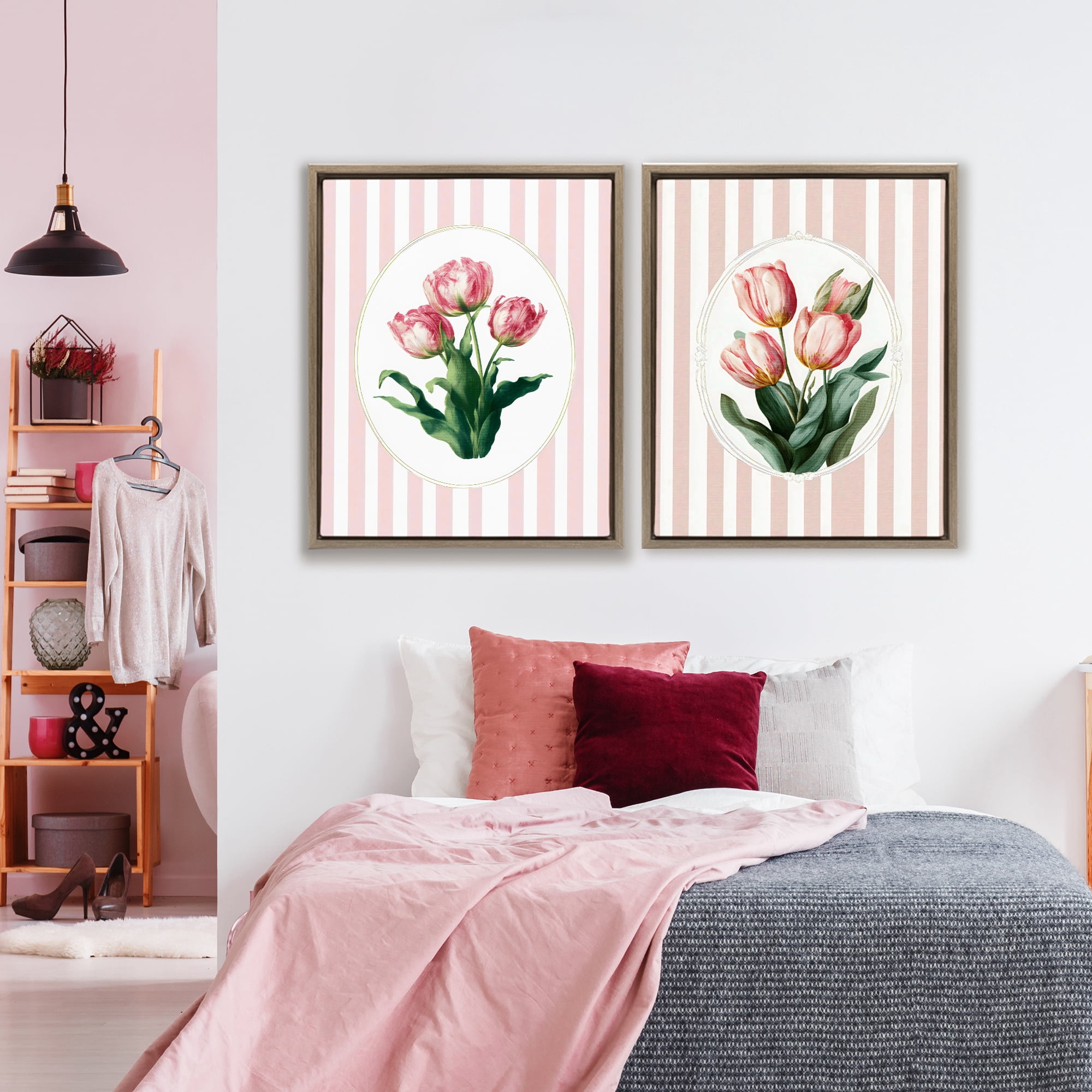 Stupell Industries Blush Tulips on Stripes 2 Piece Brown Framed Floater Canvas Set, design by Ink Drop Loft