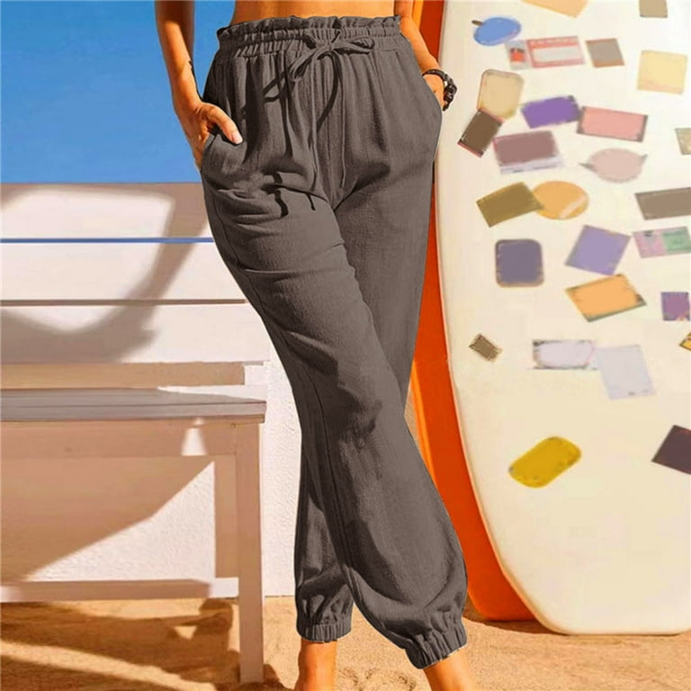 Womens Casual Elastic Waist Solid Comfy Casual Cotton Linen Pants With  Pockets Summer Pants plus Size Cargo Pants