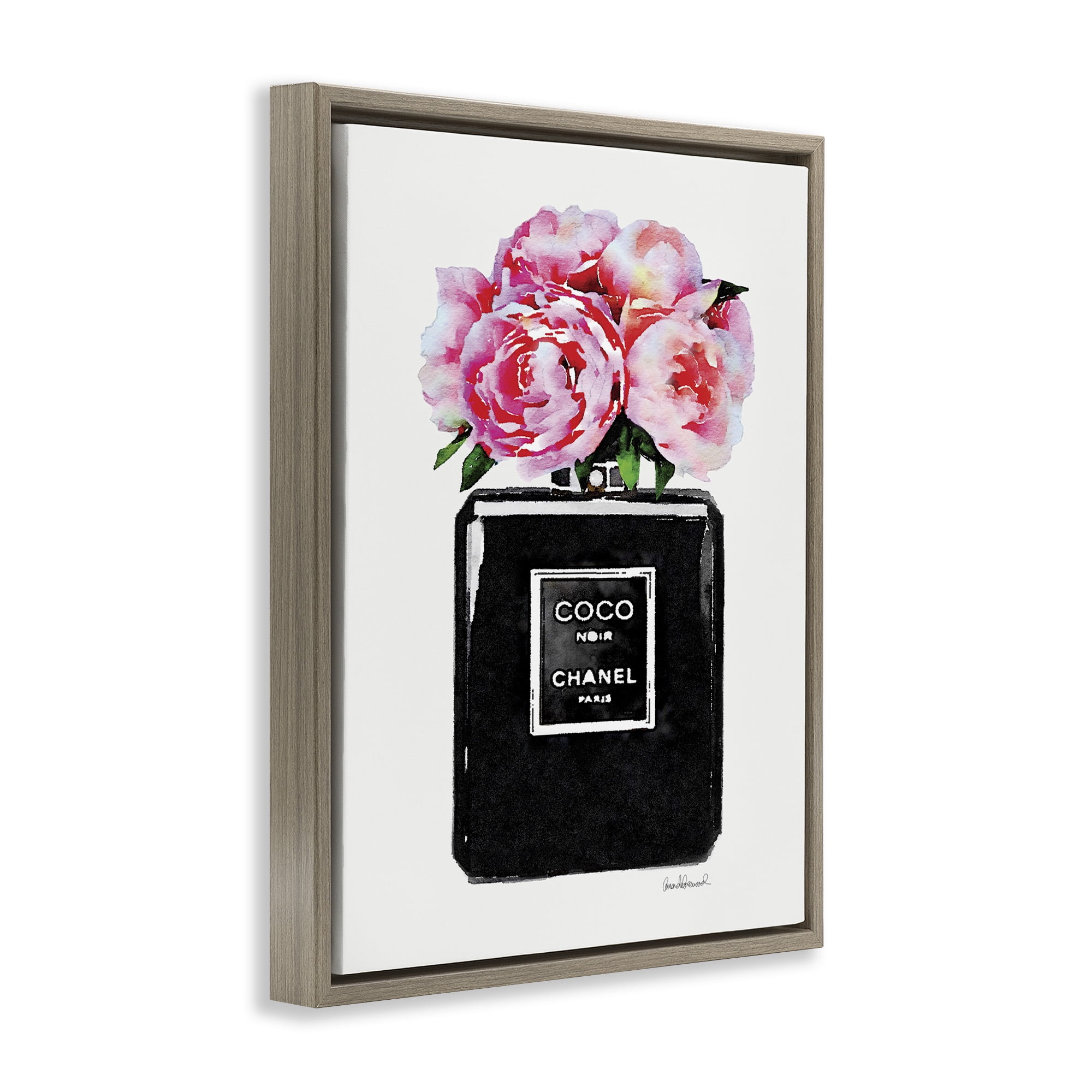 Stupell Industries Glam Perfume Bottle Flowers Beauty & Fashion Painting Brown Floater Framed Canvas Art Print Wall Art, 17 x 21