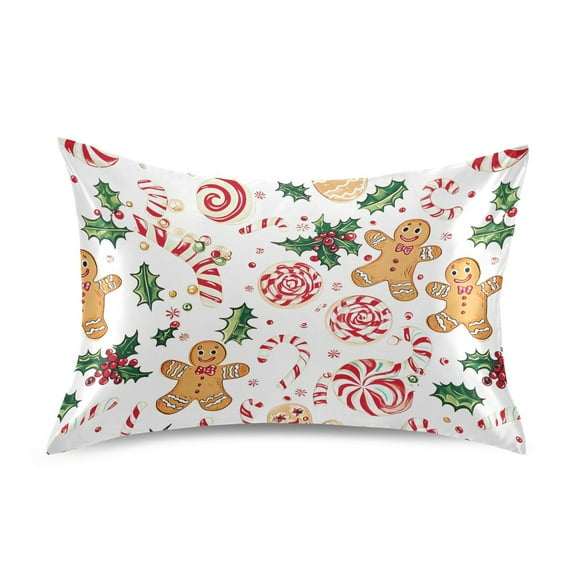 Satin Pillow Case Standard Silk Pillow Cover for Hair and Skin Envelope Closure Gingerbread Men Holly Leaves 20"x26"