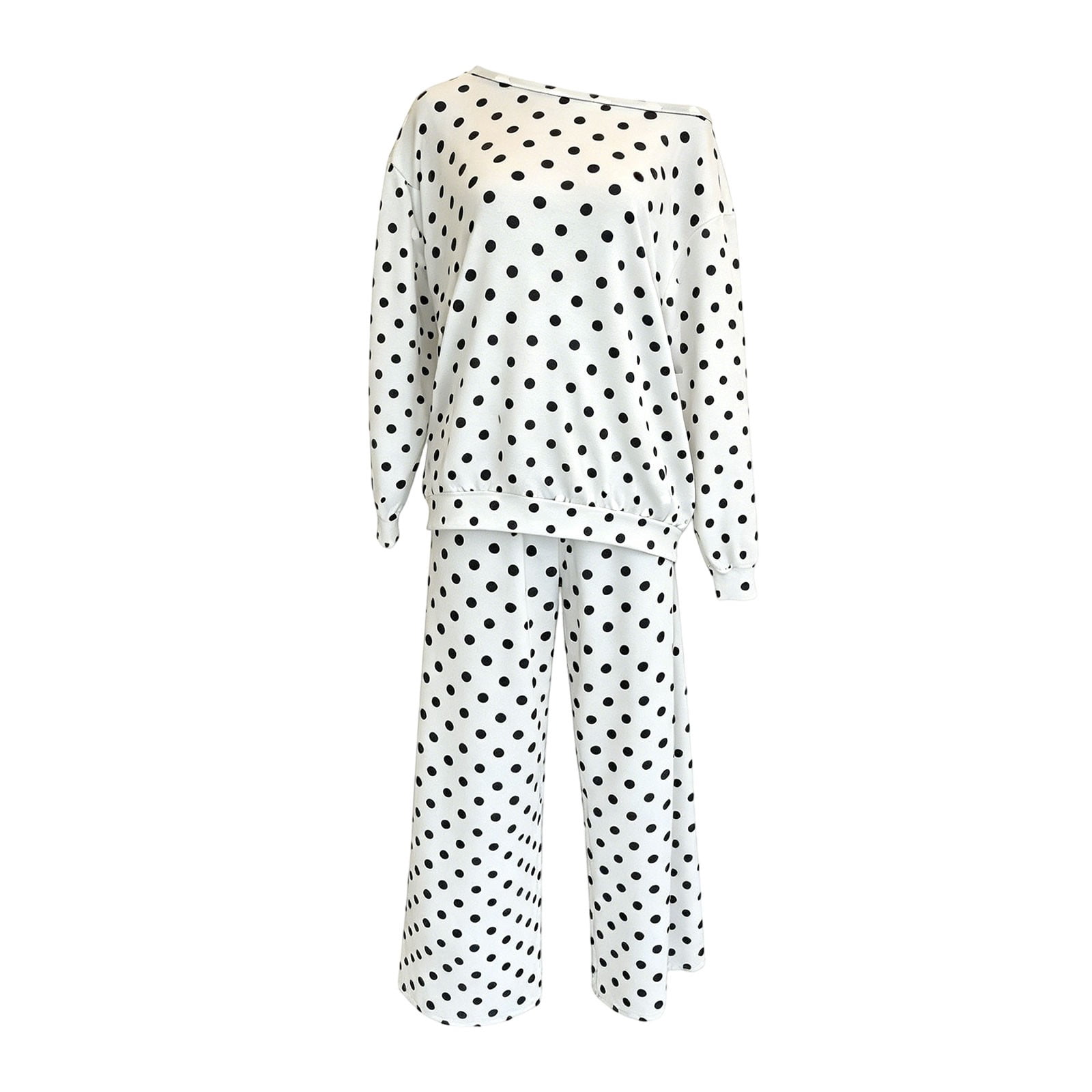 Women's Trendy Polka Dot Sweat Set 2 Piece Off Shoulder Long Sleeve Shirts Wide Leg Pants Oversized Elegant Sweatshirt with Sweatpants Fall Winter Office Travel Outfit, White S