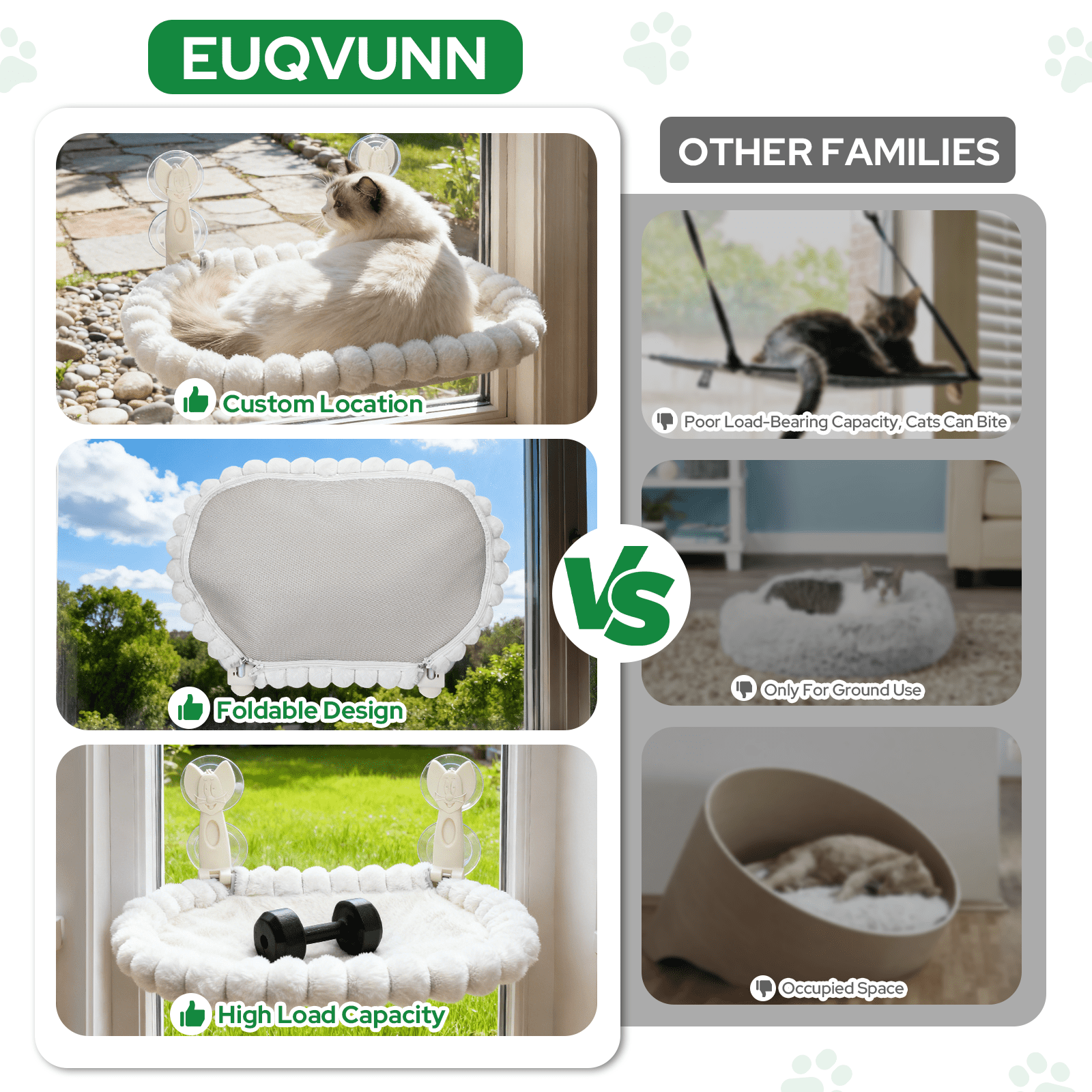Euqvunn Cat Window Perch, Cat Window Hammock with Metal Frame and Reversible Cover&4 Strong Suction Cups, No Drilling, Cat Beds for Indoor Cats for Sunbathing, Napping & Overlooking(White,Velvet)