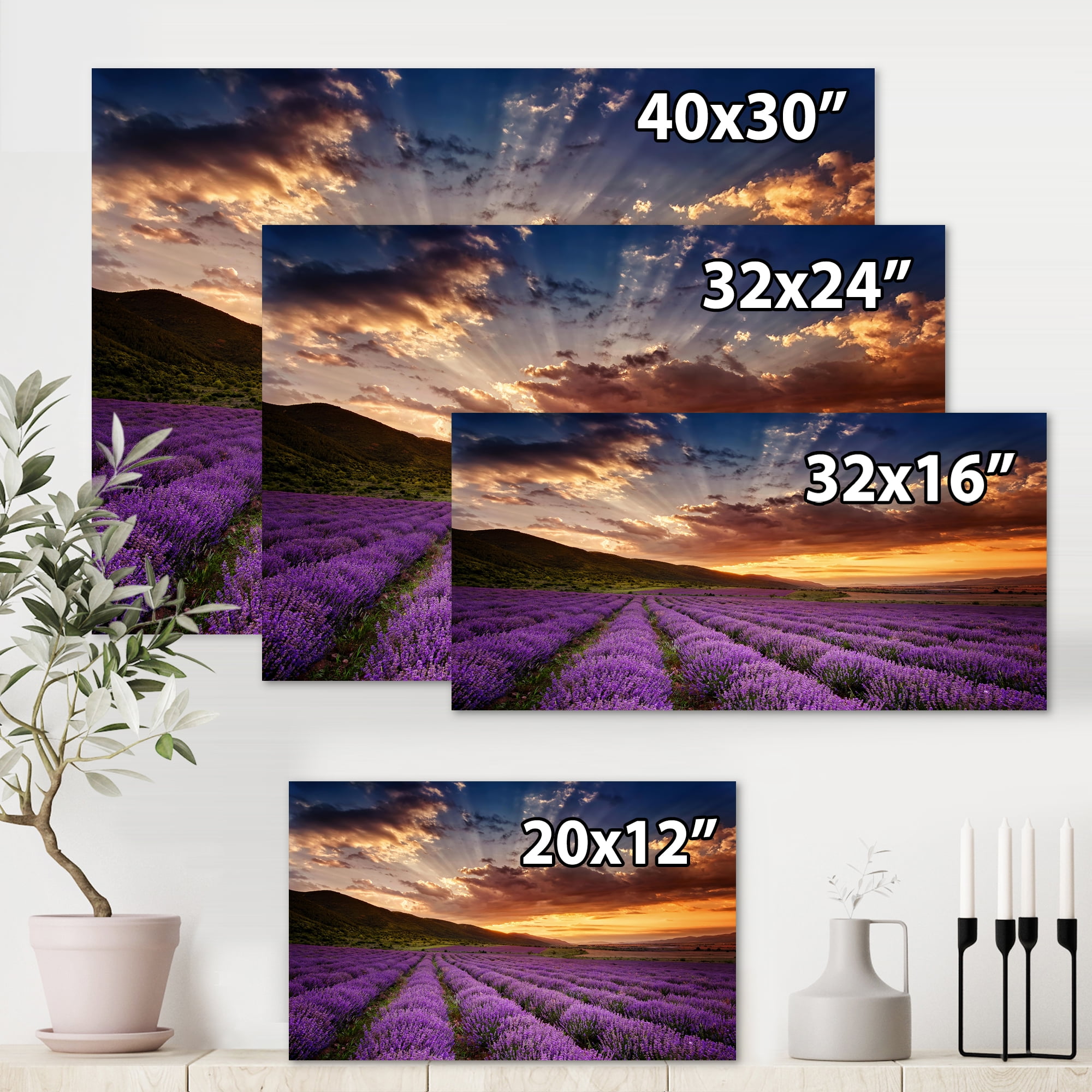 Designart ' Dramatic Clouds and Sunrise Over Lavender Field X ' Farmhouse Canvas Wall Art Print