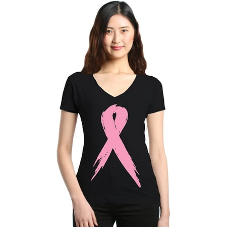 Breast Cancer Support Shop4Ever Women's Pink Breast Cancer Ribbon Awareness Support Slim Fit V-Neck T-Shirt ()