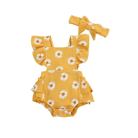 

Canrulo 2Pcs Newborn Baby Girls Sweet Daisy Romper Sleeveless Ruffle Jumpsuit Summer Bodysuit Headband Set Yellow 0-6 Months