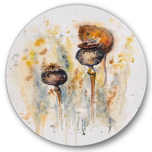 Designart 'Little Mouse Sitting On Poppies' Traditional Circle Metal Wall Art 36x36 - Disc of 36