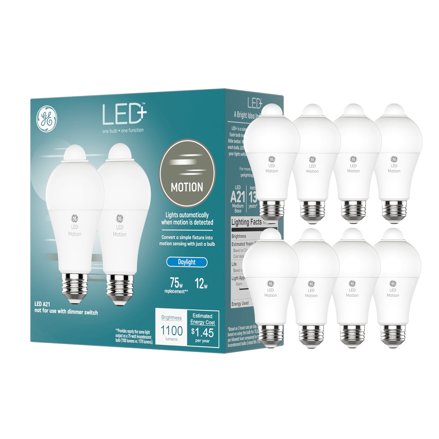 GE LED+ Motion Sensor LED Light Bulb, A21 Security Light Bulb, Daylight (8 Pack)