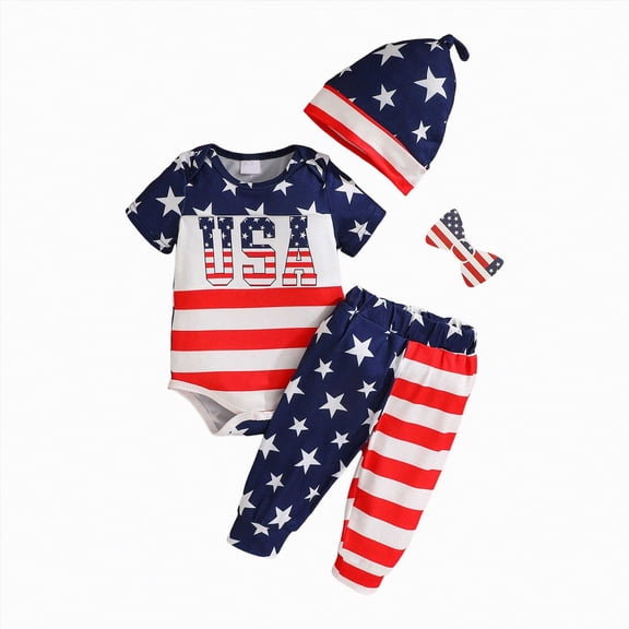 mgoYE Baby Boy Clothes 0-3 Months 4th of July American Boy/Baby Letter Embroidery Romper Striped Pants Beanie Hat 3Pcs Baby Boy Outfit 2026|Red 9-12 Months