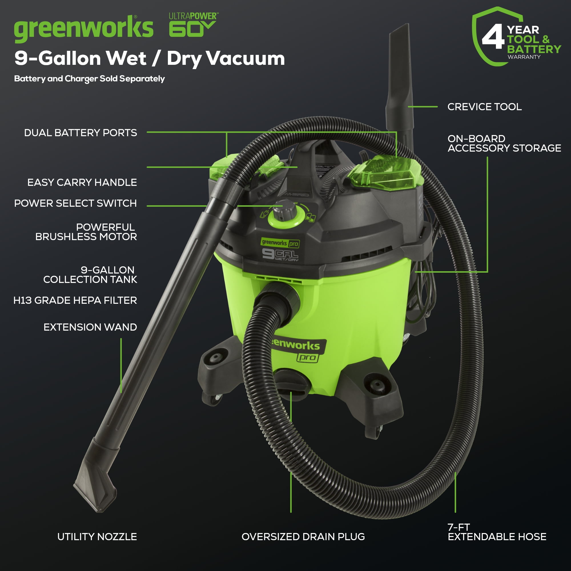 Greenworks 60V 9-Gallon AC/DC Wet / Dry Vacuum (Tool Only