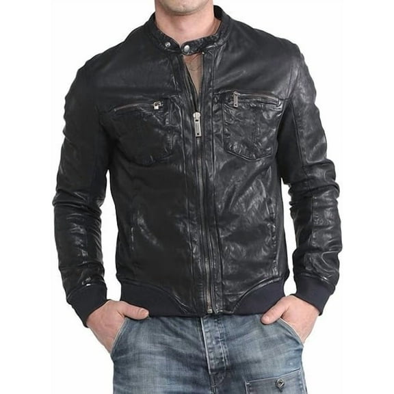 Mens Black Leather Jacket Slim Fit Biker Motorcycle Genuine Lambskin Jacket Coat A626