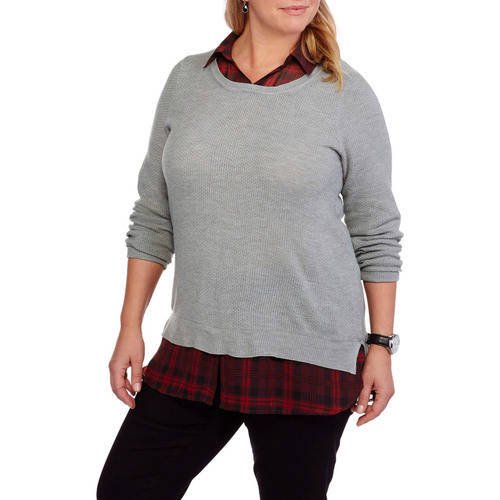 Faded Glory Women's Plus Twofer Sweater with Built in Collared Shirt