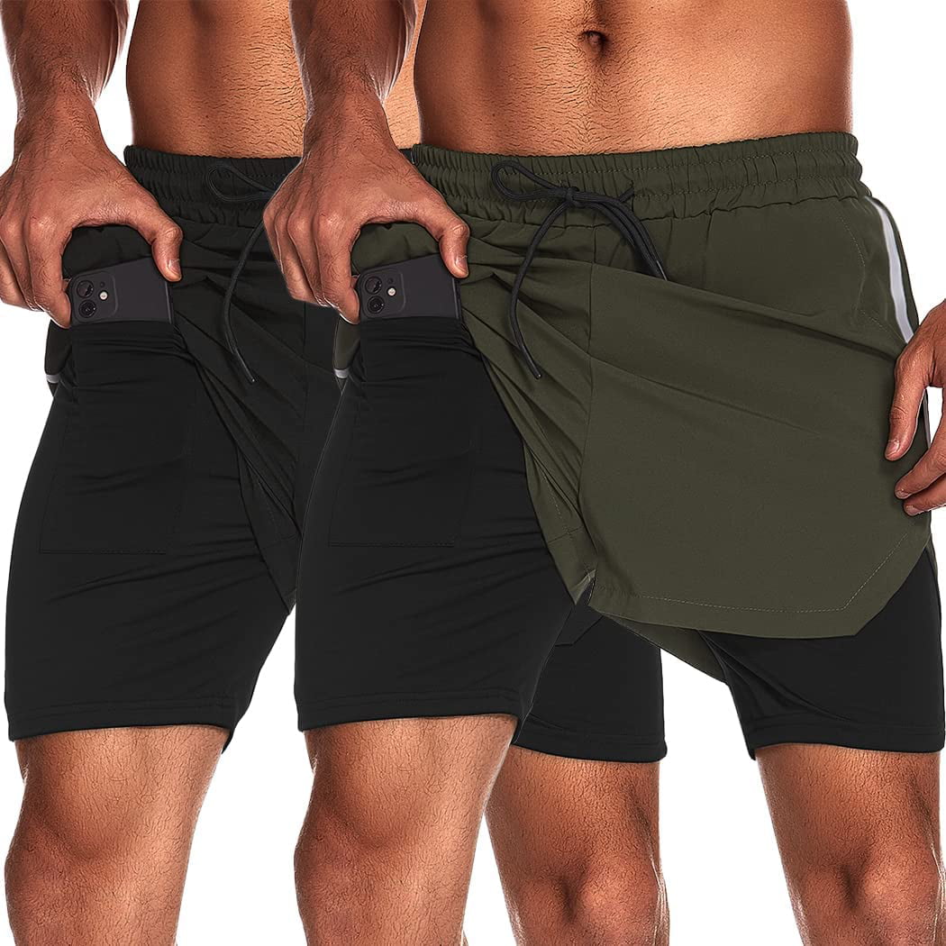 Mens 2 in 1 Shorts Athletic Built-in Quick-Dry Liner with Towel Loop for Running 