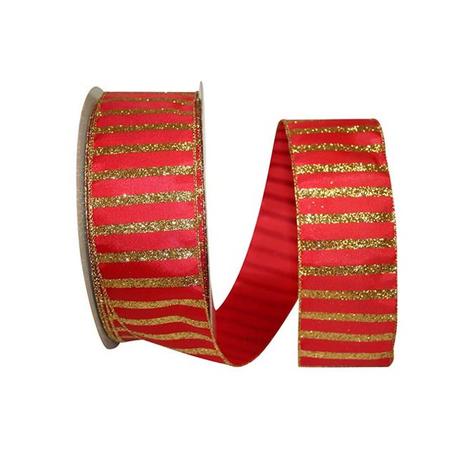 Reliant Ribbon 92307W-994-40K Cabana Stripe Glitz Value Wired Edge Ribbon - Red & Gold - 2.5 in. x 50 yards