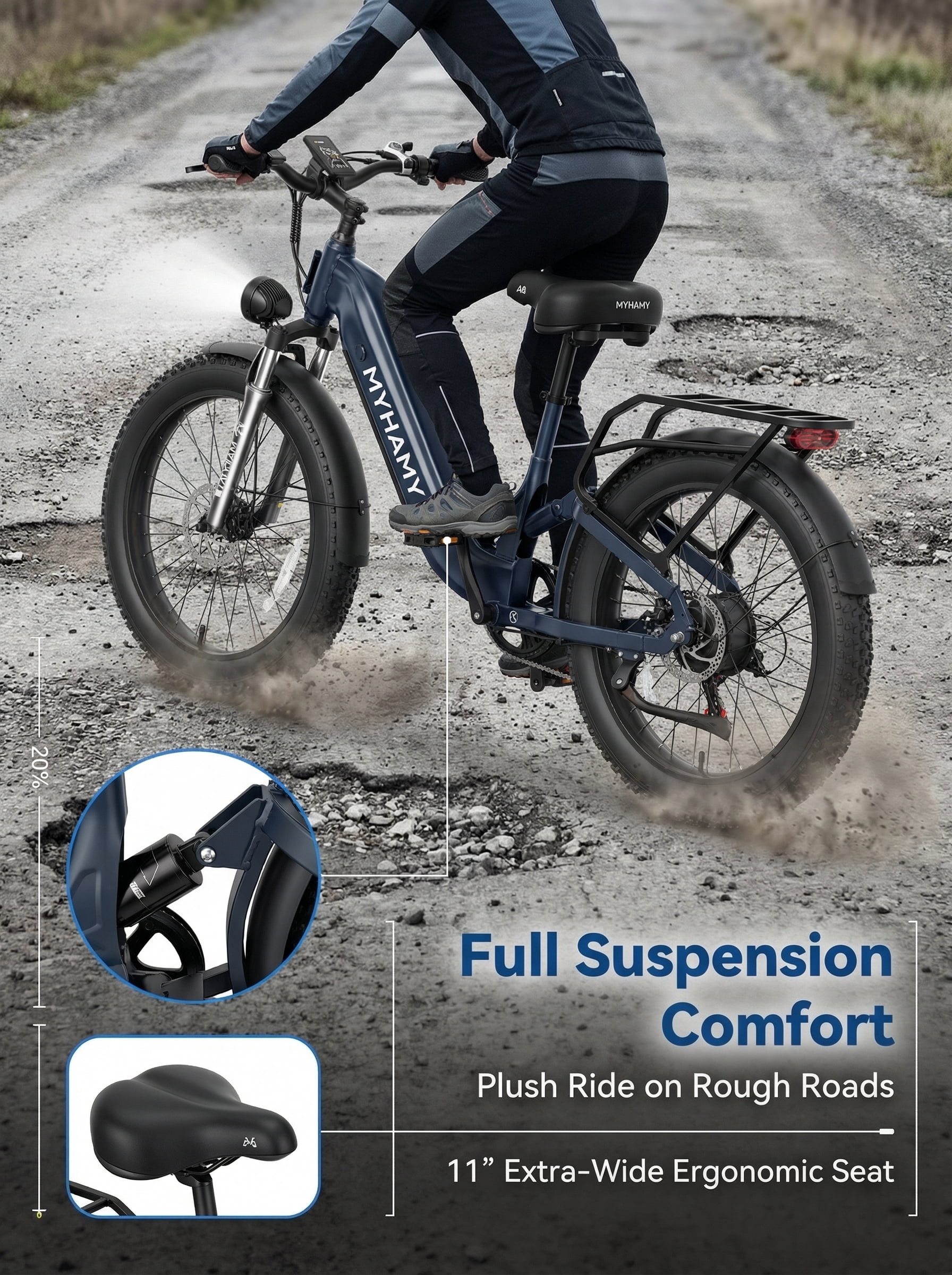 2000W Peak Electric Fat Tire Bike for Adults, 28MPH Ebike, 48V 18Ah Battery, 80 Miles Max Range, 24"x3.0" All-Terrain E-Bike for Snow/Sand/Off-Road, Full Suspension, 7-Speed, 11" Extra-Wide Seat