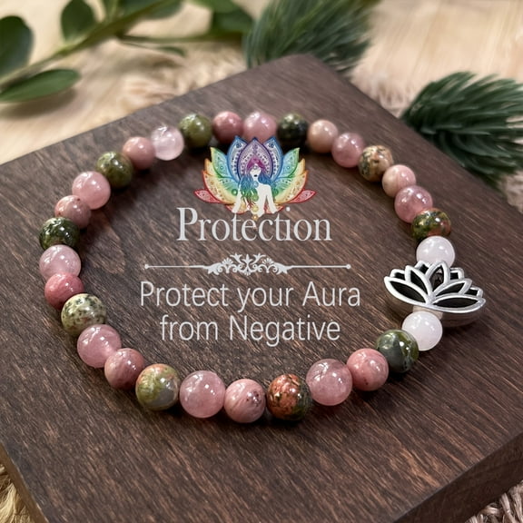 Bohemian Vintage Reiki Bracelet, 6mm Natural Stone Beads, Handmade Chakra Lotus Jewelry, Rose Quartz, Rhodonite, Unakite, Prosperity & Love, Women'S Crystal Gift for Valentine'S Day & Festive,pink