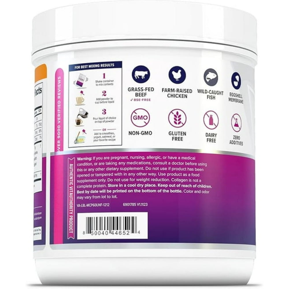 Vitauthority Multi Collagen Peptides Beauty Supplement, Hydrolyzed Protein Powder with Vitamin C & Hyaluronic Acid, Unflavored, 16 oz