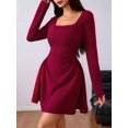 thumbnail image 5 of Women Square Neck Dress Casual Spring Long Sleeve Knit Pleated Elegant Classy Mini Dresses Wine Red S, 5 of 9