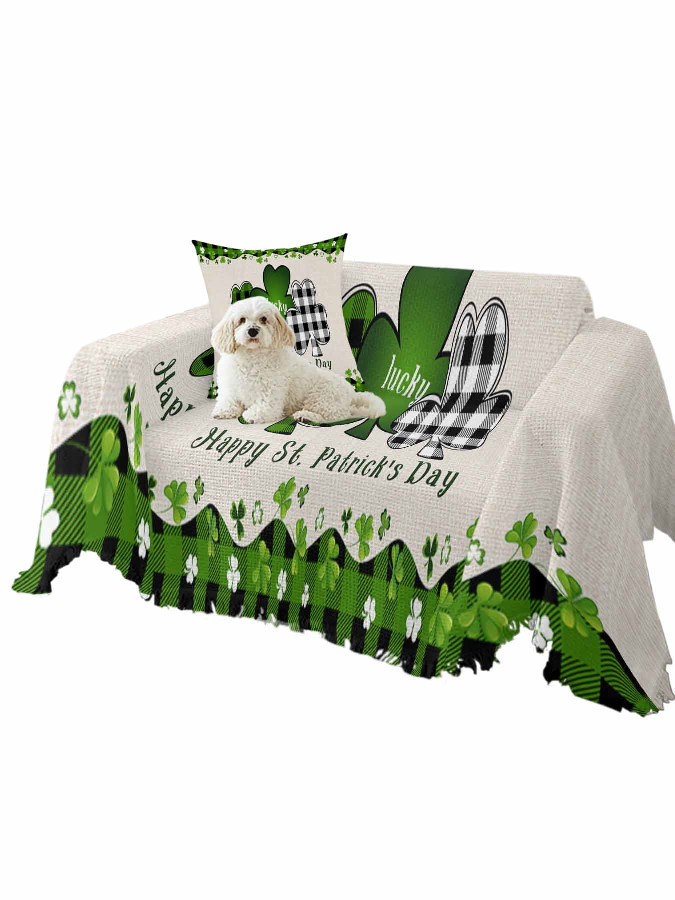 St. Patrick's Day Couch Cover, Green and Black Checkered Lucky Sofa Cover Blanket for 2 Seat Cushion, Sectional Sofa Slipcover Furniture Protector for Living Room Bedroom 71''x102''