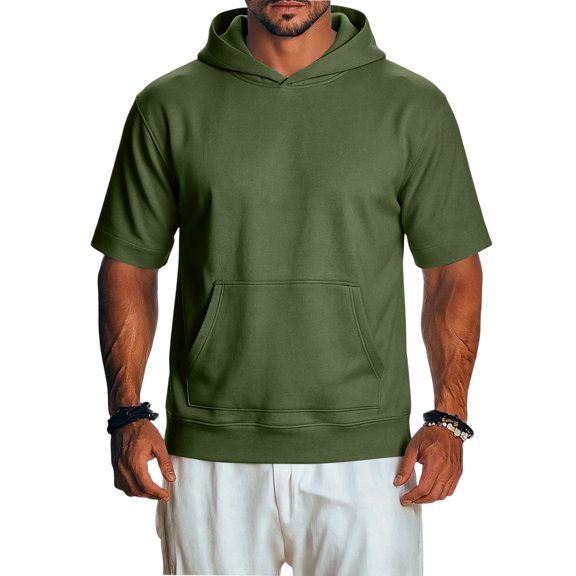 IAJDKMEK Men's Short Sleeve Hooded Shirt - Retro Casual Top, Vintage Shirt for Men, Soft Breathable Summer Pullover Shirt,Army Green L