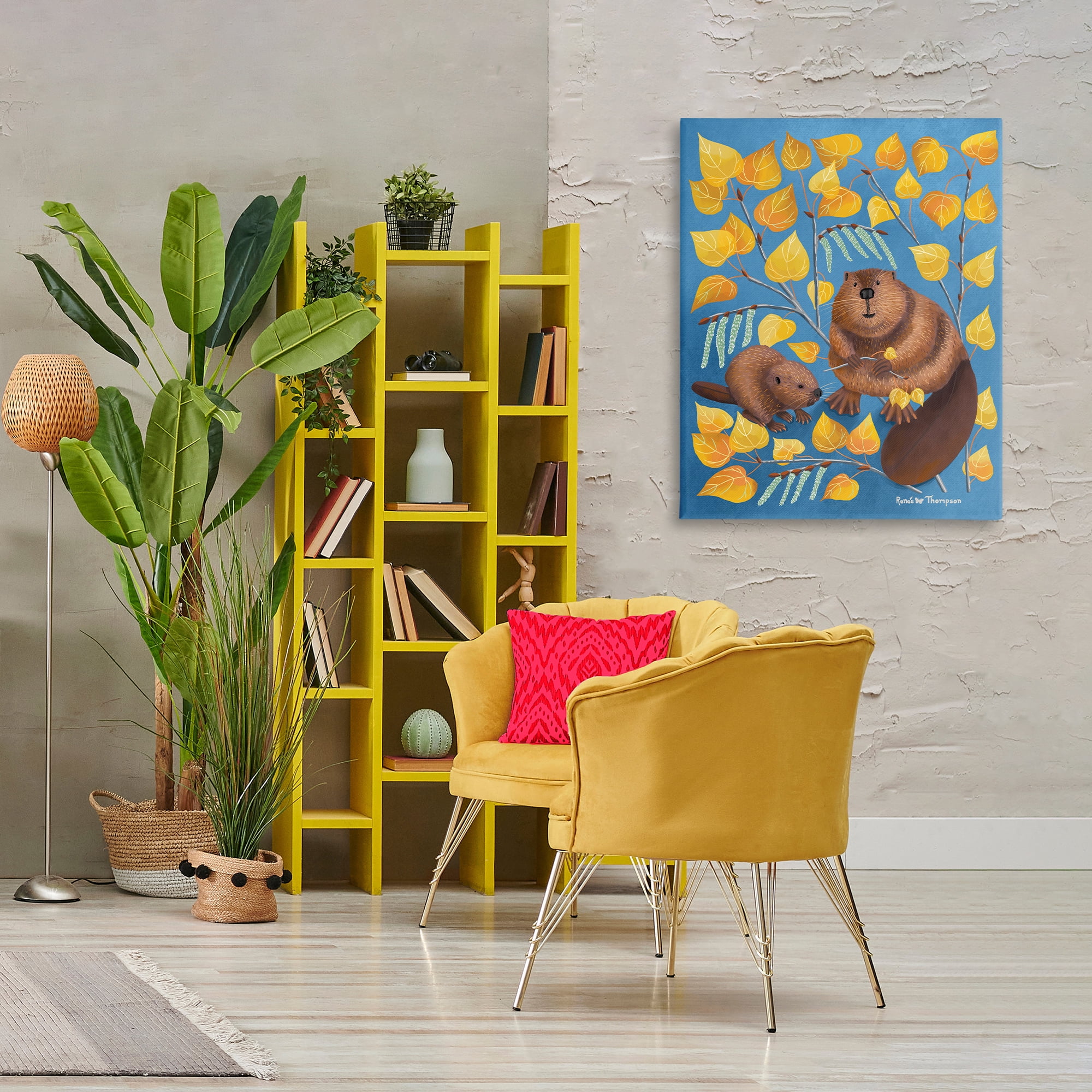 Stupell Industries Beaver & Quaking Aspen Animals Painting Wrapped Canvas Art Print Wall Art, 30 x 40