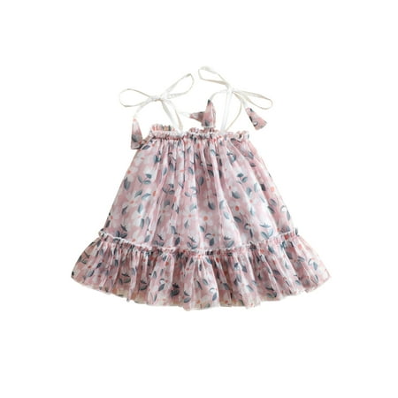 

Carolilly Baby Girls Summer Floral Dress Bandage Spaghetti Straps Loose Sleeveless Dress for Beach Party