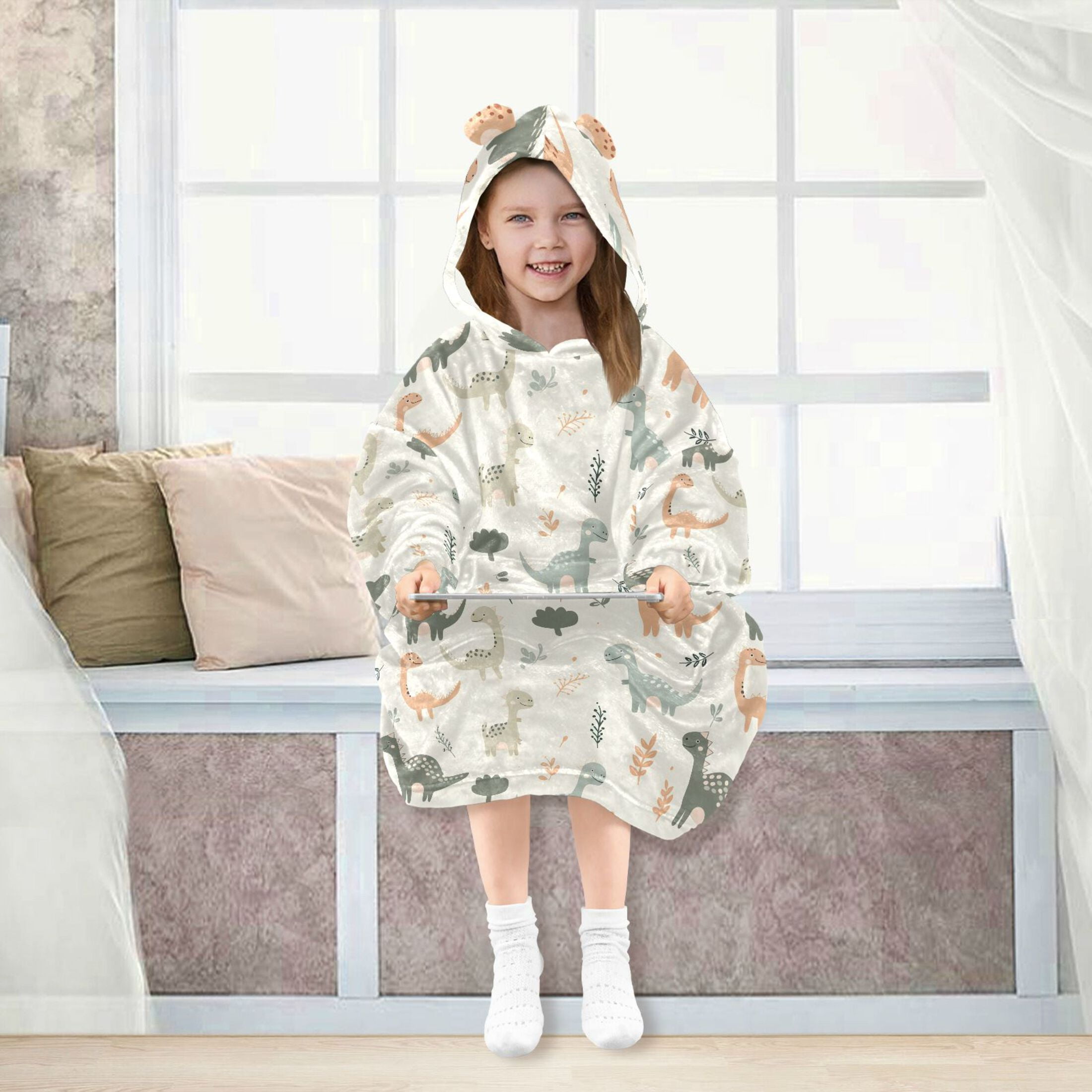 Dailycode Wearable Blanket Hoodie Oversized Sherpa Flannel Blankets with Pocket for 3-14 Year Old Cartoon Dinosaurs and Leaves
