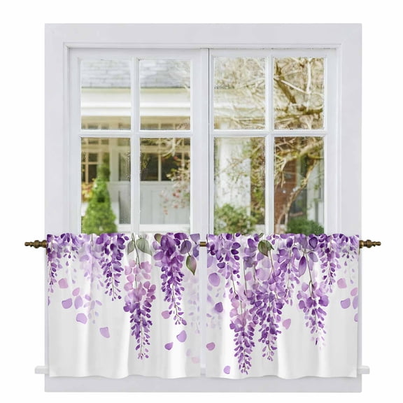 Wisteria Flowers Tier Curtains, Purple Floral Warercolor Summer Light Filtering Kitchen Curtains, 2Pcs Rod Pocket Half Window Treatments Panels for Sink Cafe Cabinet Camper 27.5x24 Inches
