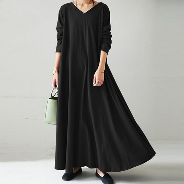 Black Cotton Maxi Dress for Women , Black Long Cotton Dresses